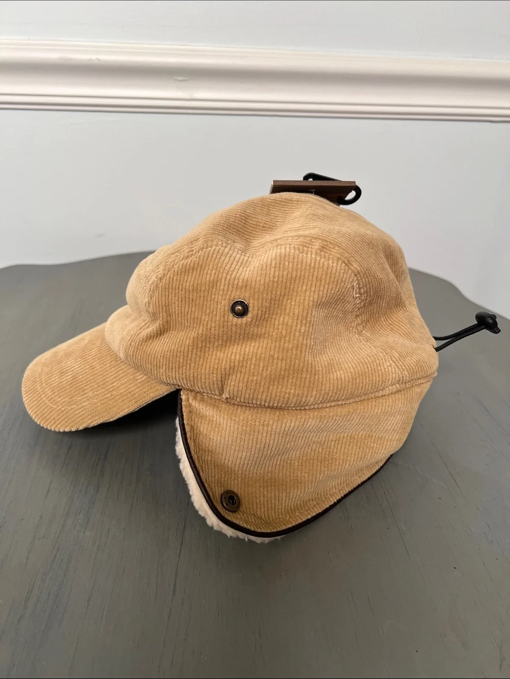 Scala Corduroy Earflap Cap in Tan with Cream Shearling